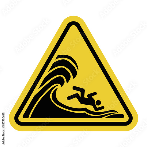 Large waves. Yellow warning triangle sign. Risk of drowning. Storm warning. Injury due to wave impact. Stay away from the edge, do not enter the water.