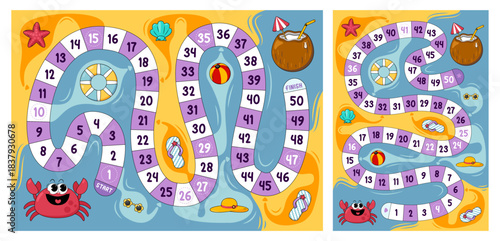 Vector Summer Kids World Tour Board Game Template. Fun Cartoon Step Path Maze for Children, Printable Educational Worksheet, Family Travel and Holiday Activity Illustration