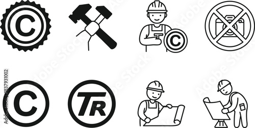 Black and white intellectual property and construction icon set, copyright seals, no photography symbol, crossed hammers, construction workers, blueprints, trademark badge