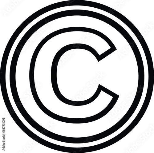 Bold copyright symbol vector illustration, circular C emblem for intellectual property, legal protection icon, content ownership mark, monochrome flat design