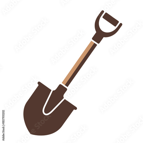 Brown garden shovel with tan handle and white outline on white background tool digging