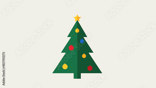 Christmas tree illustration featuring a minimalist green pine design decorated with colorful baubles and a golden star topper stands centered against a neutral off-white background.