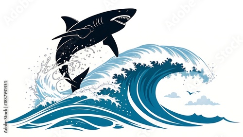 Fototapeta Naklejka Na Ścianę i Meble -  Great white shark jumping out of a crashing ocean wave isolated on white background