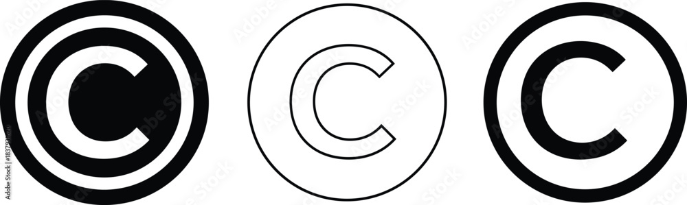 Fototapeta premium Copyright symbol variations, bold and thin circle icons, minimal and filled designs, intellectual property marker, vector set for branding and legal use