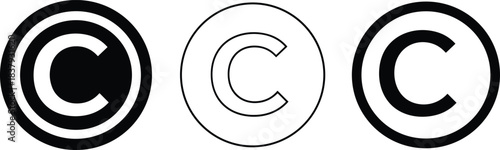 Copyright symbol variations, bold and thin circle icons, minimal and filled designs, intellectual property marker, vector set for branding and legal use