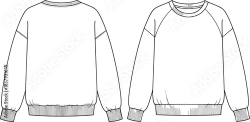 Oversized Raglan Sleeve Sweatshirt Fashion Flat Sketch Vector Technical Drawing Template Front and Back View CAD Illustration for Apparel Design.