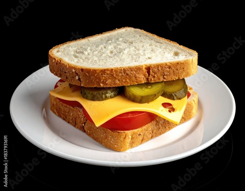 Sandwich with cheese, tomato, pickles on bread, on white plate