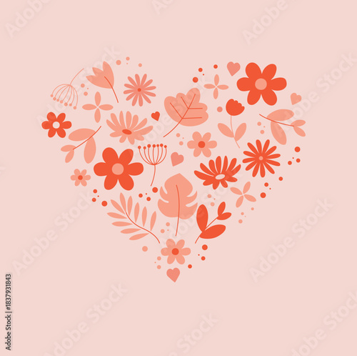 Heart shape vector illustration composed of leaves, flowers, and hearts in various shades of pink – romantic and elegant design for Valentine's day, wedding invitations, and love-themed projects