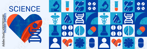 Geometric mosaic hospital  pattern with science elements and dna background.