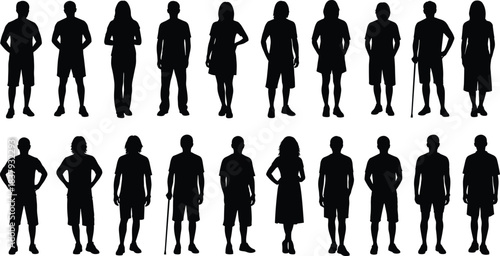 Diverse Line of Adult Silhouettes in Casual Wear, Including Men and Women Standing with Arms Crossed, Representing Community, Young Adults, Fashion, Lifestyle, and Demographic Variety