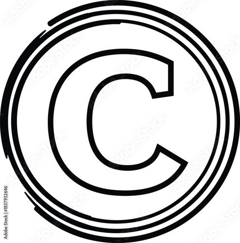 Hand-drawn Stylized Copyright Symbol, Bold C in Concentric Circles, Artistic Irregular Outline, Creative Copyright Badge Vector, Originality Protection Emblem, Minimal Ink-style Texture