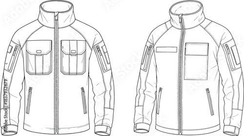 Tactical Combat Jacket Fashion Flat Sketch Vector Technical Drawing Template Front and Back View CAD Illustration with Multiple Pockets and Zippers.