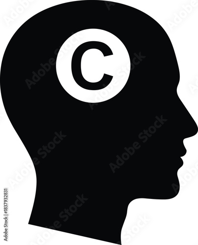 Human head silhouette with copyright icon, intellectual property concept, creative ideas protected, mind as copyrighted work, copyright in creativity visualization