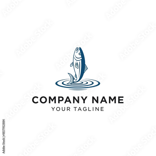 Blue fish jumping out of water with ripples, a simple and elegant logo design.