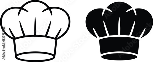 Chef's Hat Icon, Toque Blanche or Cook Hat Icon, Outline and Filled Chef Cap Symbol, Restaurant or Culinary Icon, Baker or Cook Headwear Pictogram, silhouette, vector, illustration.