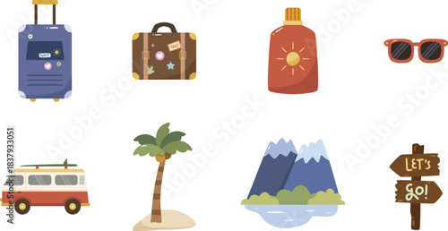 Travel Element Items Vector Illustration Collection with Luggage Bag Coconut Tree Mountain Van 