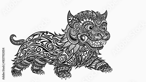 Intricate Black and White Tattoo Style Illustration of a Mythical Creature