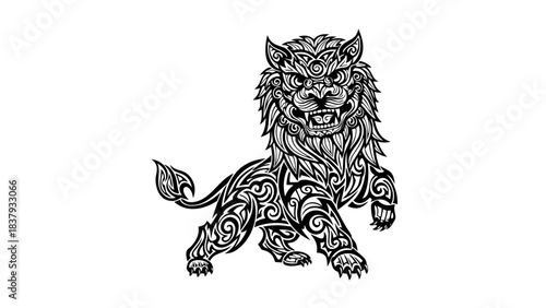 Intricate Tattoo Design of a Mythical Lion with Tribal Patterns and Ornate Details