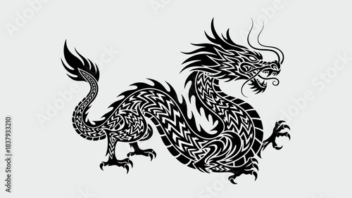 Black and white stylized Chinese dragon illustration, symbol of power and good fortune in Eastern culture