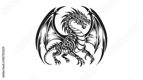 Mythical Creature Illustration A Fearsome Dragon with Spreading Wings and Intricate Details