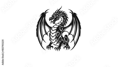 A mythical dragon with spread wings, standing majestically in a powerful pose on a white background
