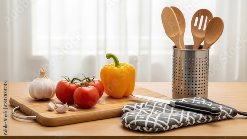 Fototapeta Naklejka Na Ścianę i Meble -  Kitchen setup with wood, garlic, tomatoes, pepper, metal utensil holder