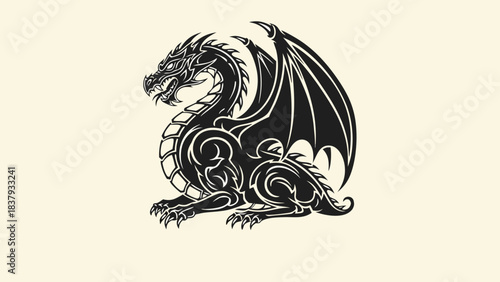 A stylized black dragon with outstretched wings and ornate details, set against a cream background