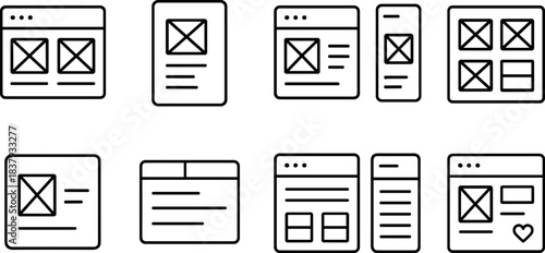 UI interface icons set. Home, user, menu, phone, settings, arrows, notifications outline symbols
