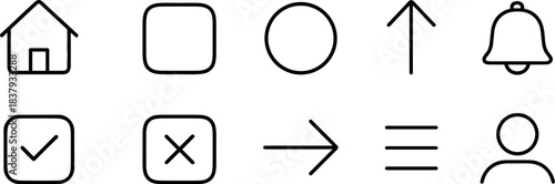 UI interface icons set. Home, user, menu, phone, settings, arrows, notifications outline symbols