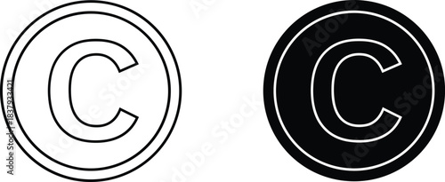 Minimal copyright icon pair, outlined and filled circle symbols, intellectual property mark, vector design for legal, publishing, branding and digital content protection