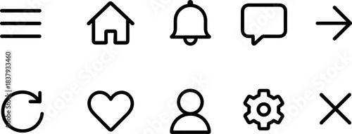 UI interface icons set. Home, user, menu, phone, settings, arrows, notifications outline symbols