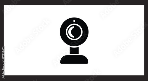 Minimalist black and white webcam icon inside thick rectangular frame, video conferencing symbol, surveillance camera concept, live streaming, online communication