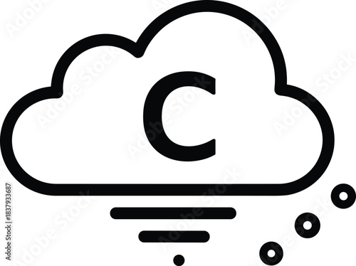 Minimalist cloud C weather icon, bold vector illustration for cloudy conditions, abstract precipitation and wind symbols, modern flat design for apps UI