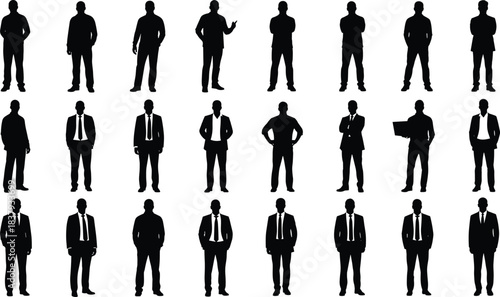 Large group of diverse professional business men silhouettes standing in various confident poses, corporate executives and managers wearing suits and formal attire, full-length vector set.