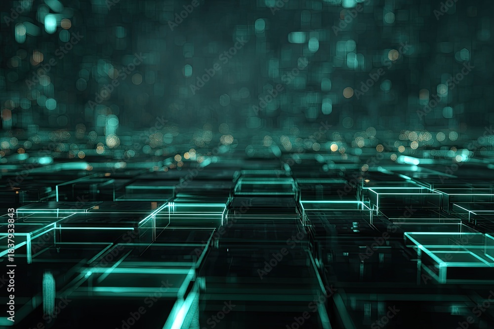 Fototapeta premium An abstract, futuristic digital landscape made of glowing cube structures with bokeh in the distance