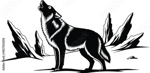 Black and White Silhouette Vector of a Howling Wolf in Rocky Landscape, Wild Nature, Wilderness, Majestic, Fierce, Vector Illustration Graphic.