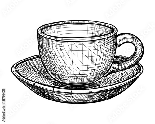 Cup and saucer. Vector hand drawn illustration of cup for tea or coffee in engraved style. Ceramic, glass, porcelain household kitchen utensils. Black and white sketch isolated on white background
