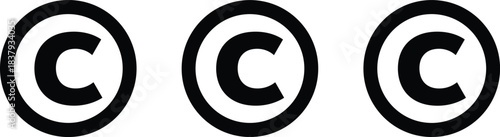 Row of three bold copyright symbols, black © icons, repetition concept, intellectual property protection, legal signage for creative works, vector illustration