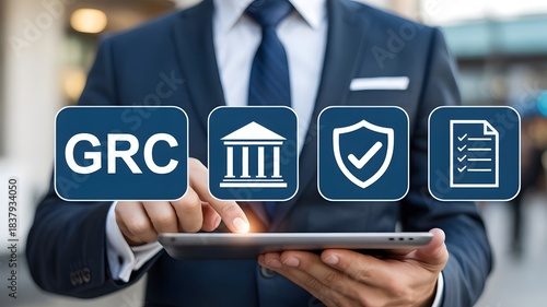 GRC, Governance Risk and Compliance concept. Business Integrity. Businessman touching GRC icon on digital screen.