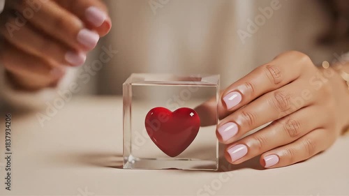 A persons hands carefully placing a small red heart into a clear glass box symbolizing care and preservation of love or emotions.