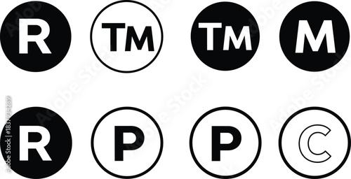 Set of intellectual property symbols, registered R, trademark TM, copyright C, patent P marks, branding badges, legal labels, packaging icons, vector illustration