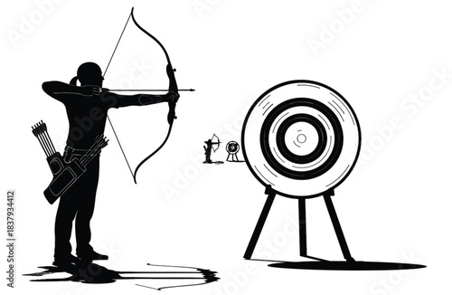 Silhouette of Archer Drawing Bow Aiming at Target Board, Archery Sport Competitive Game, Concentration, Precision, Outdoor Recreation and Hobby.