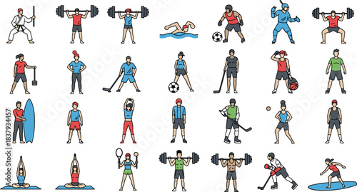 Large vector icon collection of various athletes engaged in different sports and fitness activities, including weightlifting, yoga, hockey, swimming, and martial arts, representing