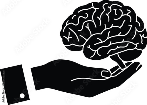 Silhouette hand holding brain, formal cuff button, nurturing intellect concept, mental health, neuroscience icon, education support, cognitive care vector illustration