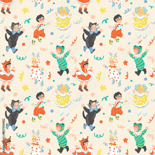 Festive kids costume masquerade. Girls in princess dresses, boys in animal costumes. Vintage vector retro wallpaper for wrapping paper. Christmas party pattern.