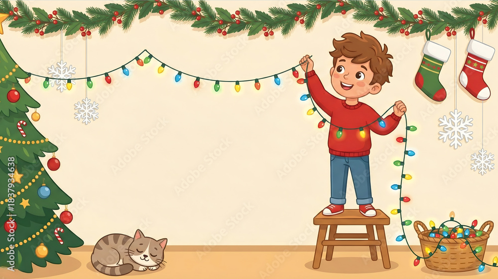 Fototapeta premium Cute cartoon boy standing on a stool hanging Christmas lights with sleeping cat, decorated tree, and central copy space.