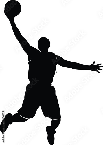Basketball Player Silhouette Jumping High for a Slam Dunk, Action Sport Vector Graphic, Athletic Man, Dynamic Pose, Black and White Illustration, Competition, Fitness, Game, Jump.