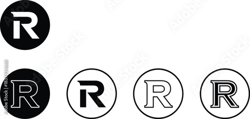 Stylized Letter R Logo Set, Geometric and Serif Variations, Circular Icon Collection, Modern Monogram, Brand Identity, Typographic Logo Exploration, Minimalist Decorative Vector