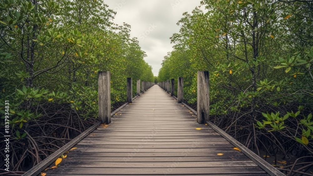 Obraz premium Straight boardwalk path through lush mangrove forest under an overcast sky
