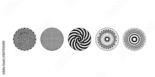 Four distinct abstract geometric circular patterns in black and white silhouette isolated on transparent background